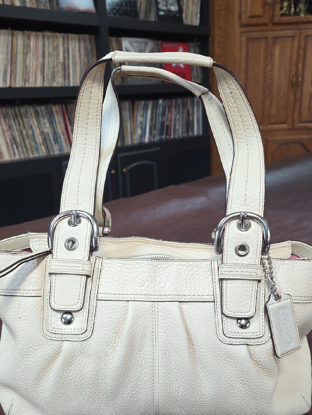 Vtg Coach Cream Thick Pebbled Leather Shoulder Satchel Silver HW F13732 Purse